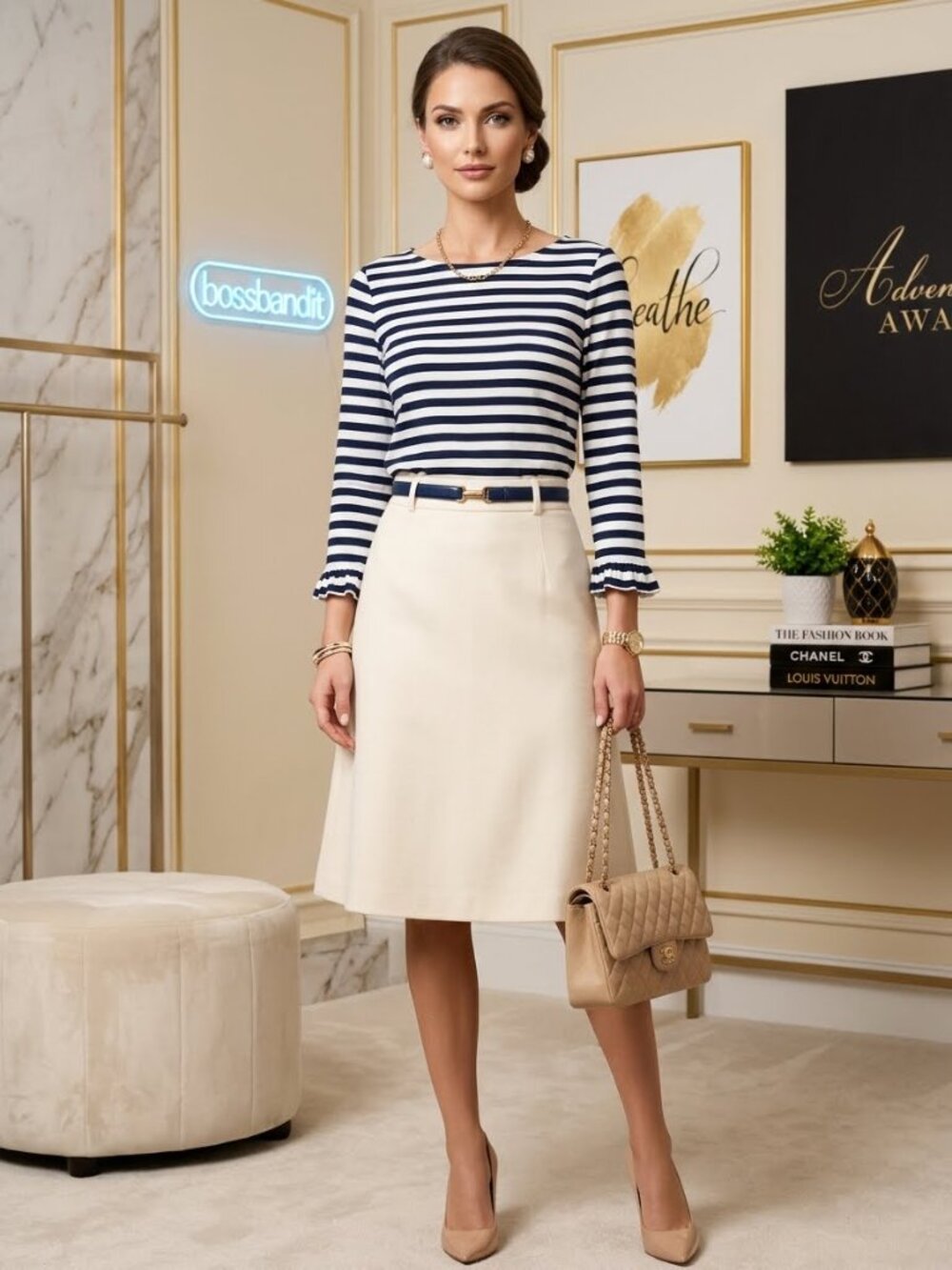 LOFT Blue White Stripe Dimensional Long Sleeve Fashion Tee M NWT